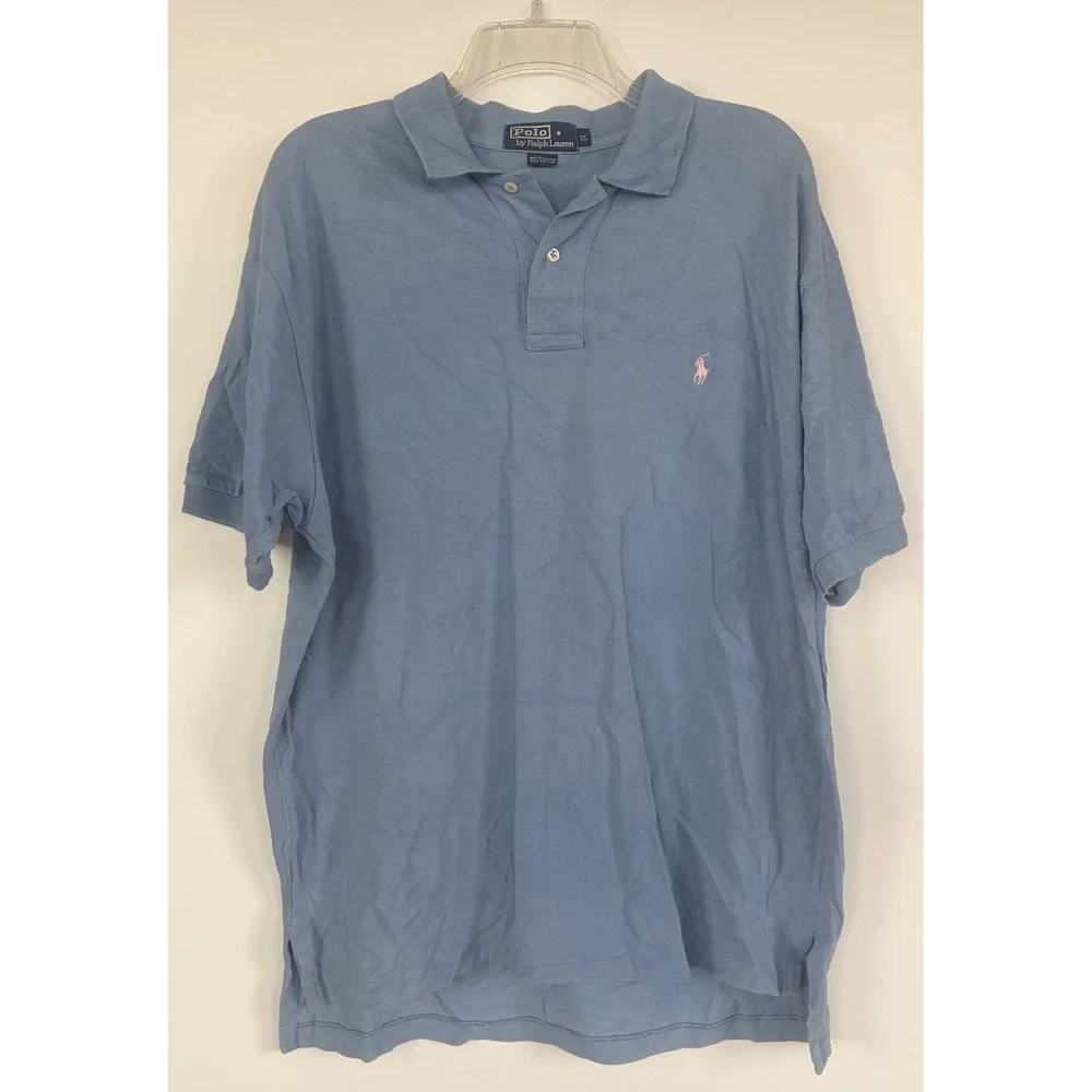 Polo Ralph Lauren Mens XL Blue Cotton Pique Short Sleeve Polo Shirt Pink Pony